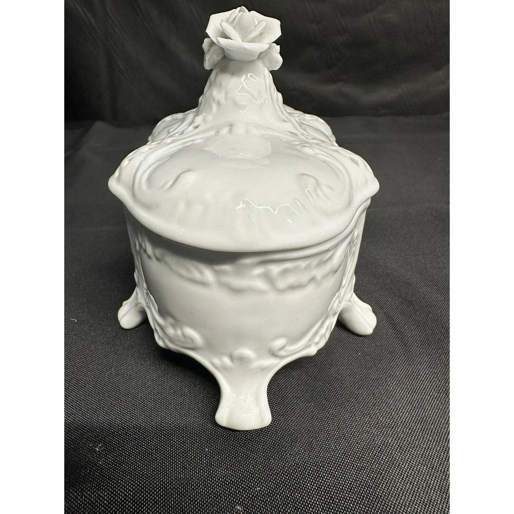 Lefton 60th Anniversary Legacy White Porcelain Rose Lattice Footed Trinket Box